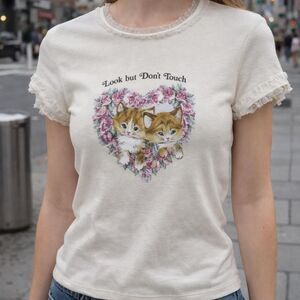Women's White Babydoll T-shirt Cat Look But Don't Touch Cottagecore Kawaii